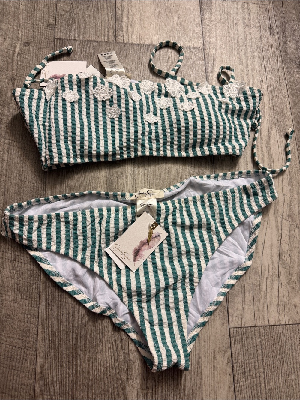 Striped Green & White Lace-Trim Bikini Set